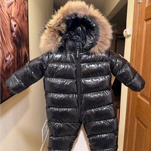 Moncler Baby Glossy Snowsuit 6 Months Black Down Removable Hood Fur New